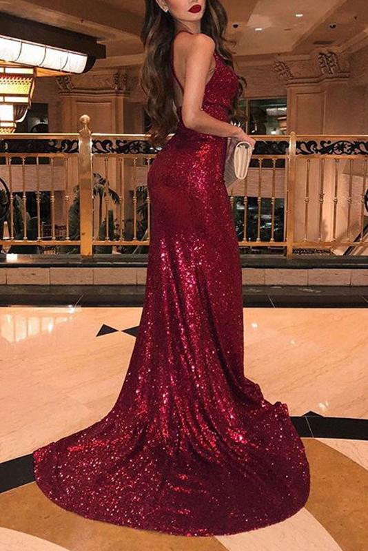Sexy Sequins Burgundy Prom Dress Backless Mermaid Evening Gown