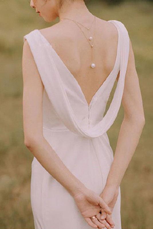 Simple Ivory Sheath Wedding Dress Cowl Back Sleeveless Bridal Gown
