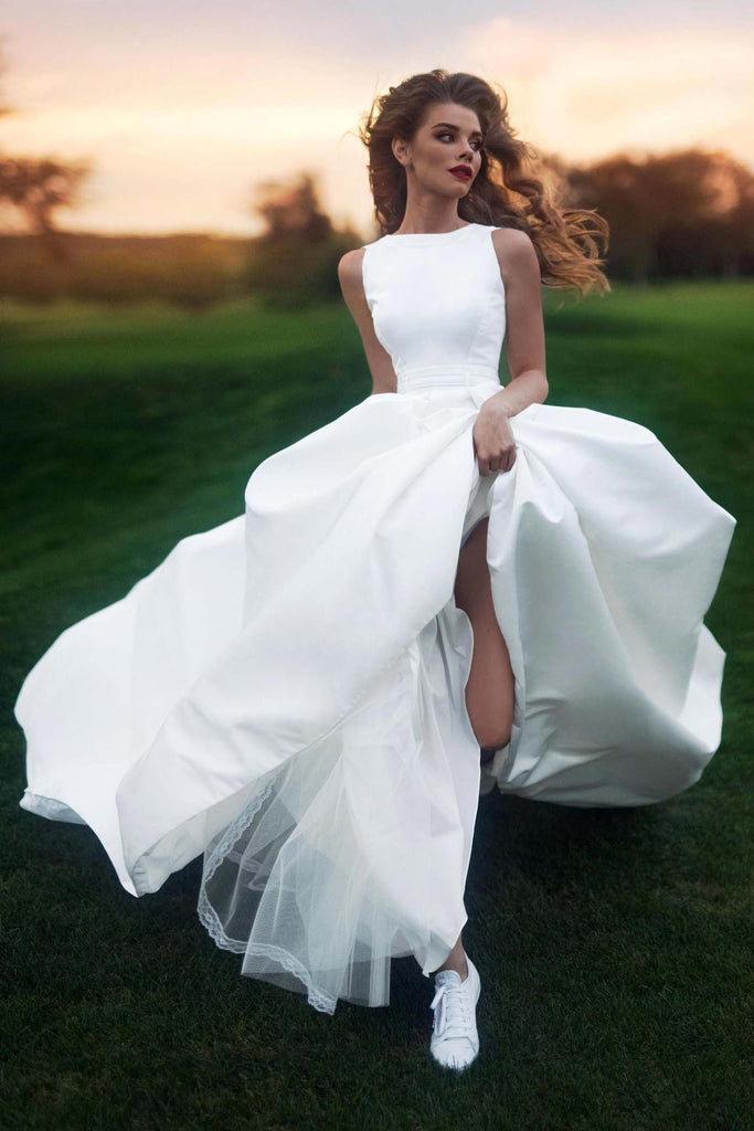 elegant a-line bateau sleeveless satin simple wedding dress dtw102
