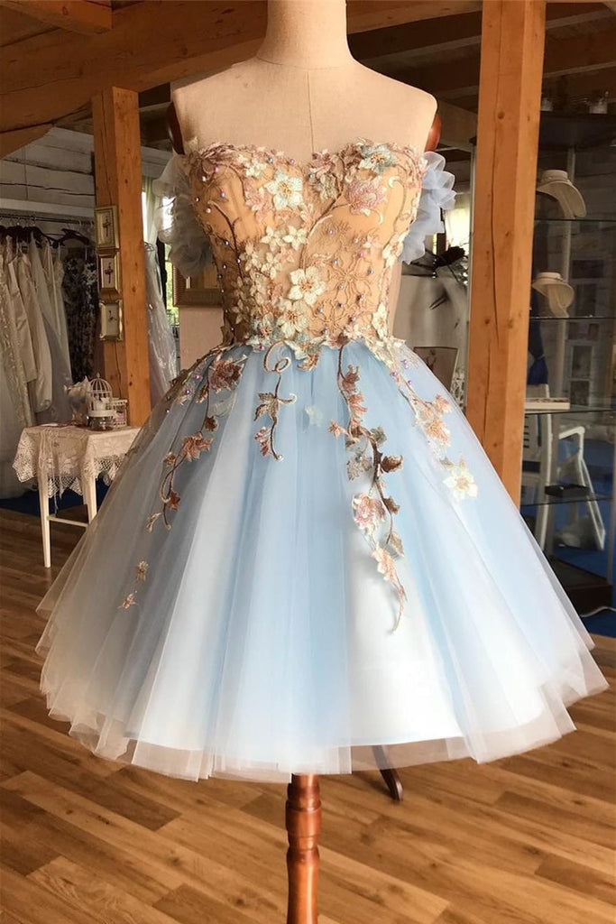 light sky blue sweetheart appliques short prom homecoming dress dth436