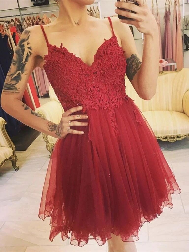 dark red v-neck lace tulle graduation homecoming dresses dth86
