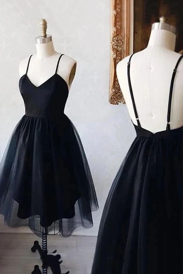 a-line black short homecoming dress simple spaghetti strap tulle party gown dth88