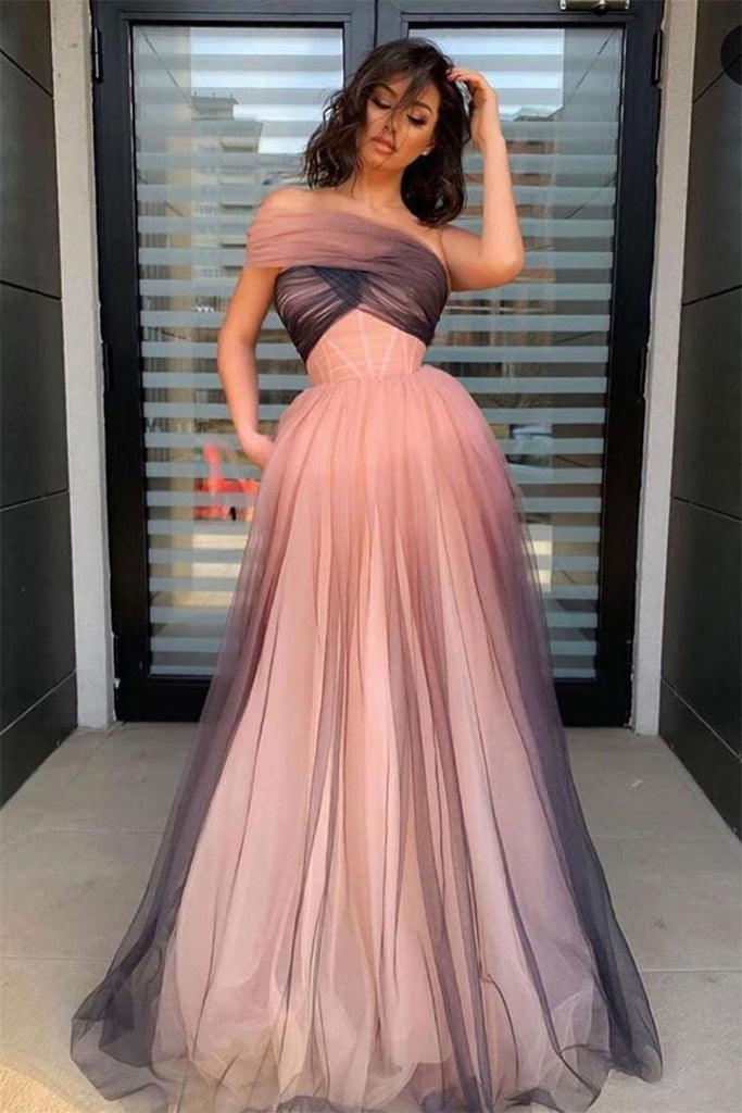 one-shoulder ombre long prom dress elegant tulle formal gown dtp52