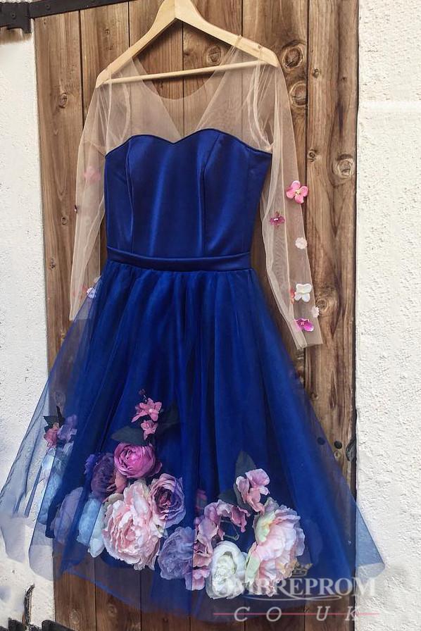 Sky Blue Short Prom Dresses, Sheer Long Sleeves Homecoming Dress With 3D Appliques