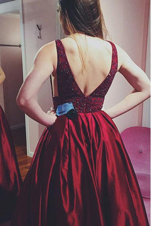 Burgundy Prom Dress Long V-neck Beading Formal Evening Gown