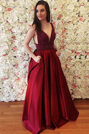 burgundy prom dress long v-neck beading formal evening gown dtp84