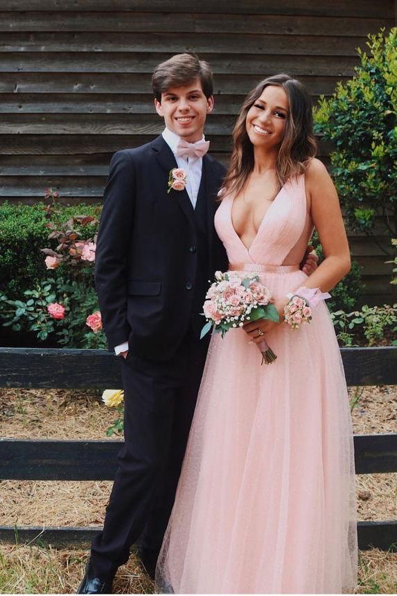 Sparkly Light Blue A-line Tulle Prom Dress Deep V-neck Long Formal Dress