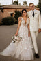 A-Line V-Neck Rustic Wedding Dress, Boho Lace Appliques Tulle Wedding Gown