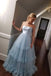 light blue strapless long prom dresses tulle graduation gown dtp27