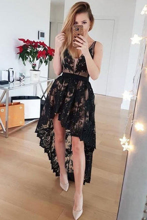 black lace homecoming dress black hi-lo lace prom dress with applique dtp195