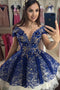 Cute Lace Royal Blue Homecoming Dress, Cap Sleeves Sweet 16 Dress With Beaded