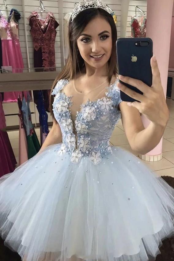 tulle light blue sweet 16 dress applique homecoming dress with beaded dth128