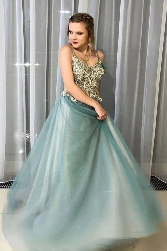 a-line tulle long prom dress beading bodice with spaghetti straps dtp31
