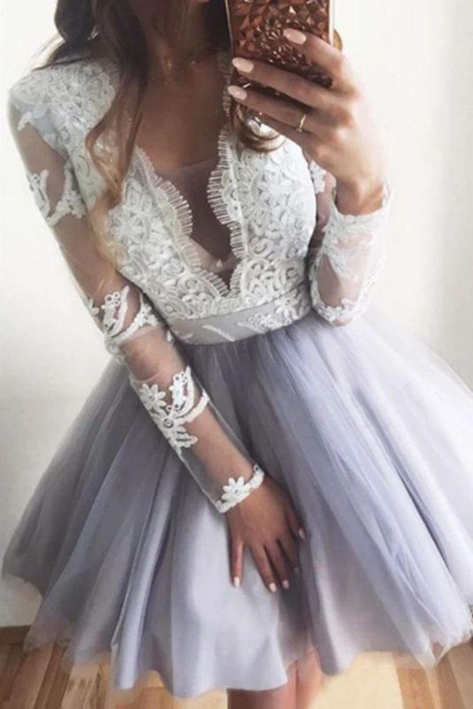 short v-neck sweet 16 dress long sleeves lace tulle homecoming dresses dth80