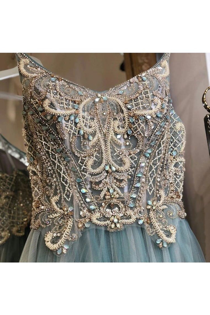 A-Line Tulle Long Prom Dress Beading Bodice With Spaghetti Straps