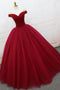 Off Shoulder Ball Gown Burgundy Tulle Long Prom Dresses With Beading