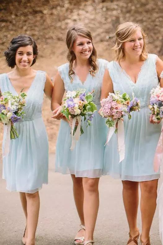 a-line v-neck knee-length mint blue chiffon bridesmaid dresses dtb99