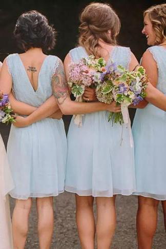 A-Line V-Neck Knee-Length Mint Blue Chiffon Bridesmaid Dresses