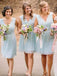 A-Line V-Neck Knee-Length Mint Blue Chiffon Bridesmaid Dresses