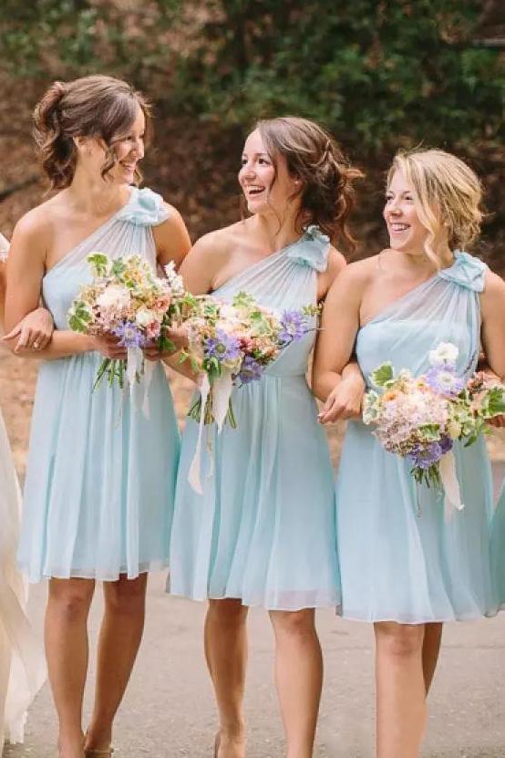 one-shoulder mint blue chiffon a-line short bridesmaid dresses dtb100