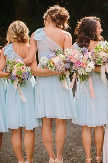 One-Shoulder Mint Blue Chiffon A-Line Short Bridesmaid Dresses
