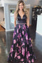 A-Line V-neck Floral Print Black Long Prom Dress Backless Formal Gown