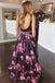 A-Line V-neck Floral Print Black Long Prom Dress Backless Formal Gown