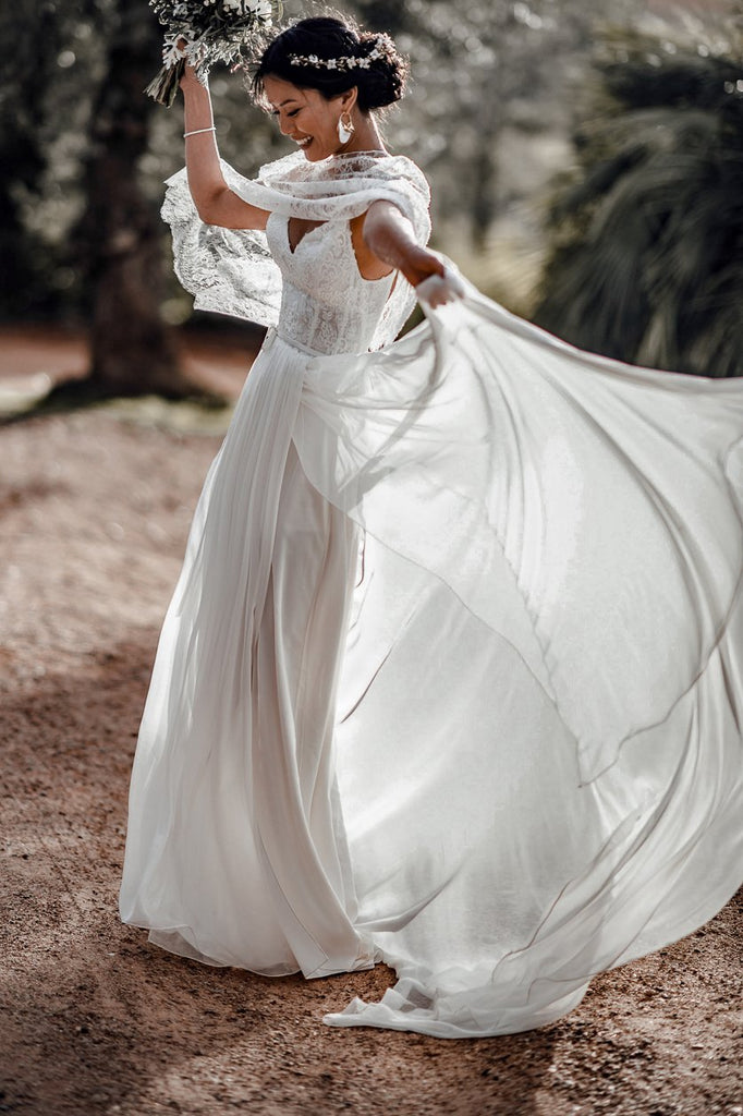 Two Piece Lace Chiffon Convertible Beach Wedding Dresses With Split