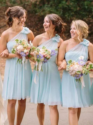 One-Shoulder Mint Blue Chiffon A-Line Short Bridesmaid Dresses