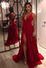 red evening party dress with slit long red v-neck simple prom dress dtp123