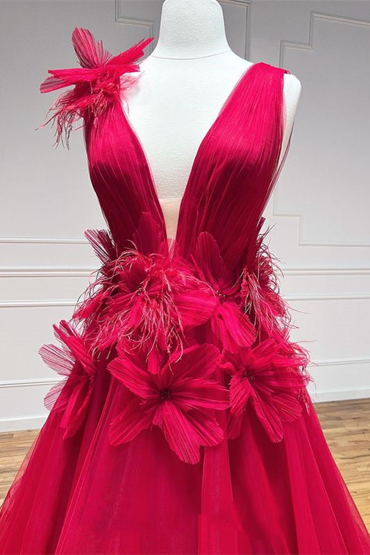 Red V Neck A-Line Plunging Neck With Floral Appliques Long Prom Formal Dresses