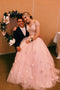 Pink Two Piece Prom Dress with Appliques, Elegant Lace Tulle Formal Dress