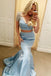 mermaid v-neck sky blue two piece prom dress short sleeves with beading dtp55