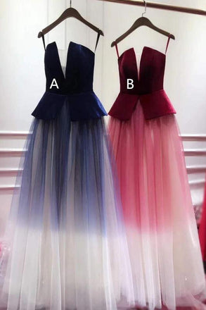 spaghetti-straps ombre prom dresses plunging long evening gowns dtp196