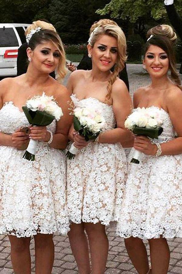 Cute Sweetheart A-line Short Ivory Lace Bridesmaid Dresses dtb12
