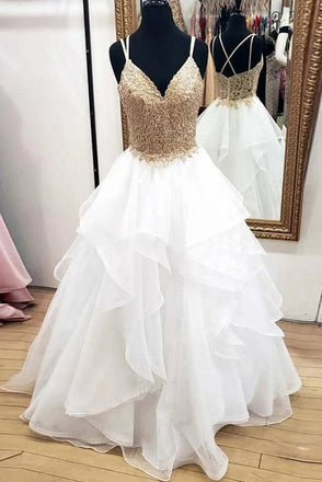 gold appliques bodice v-neck sleeveless tulle wedding dress dtw427