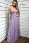 Spaghetti-straps V-neck Lace Appliques Lilac Long Prom Dresses