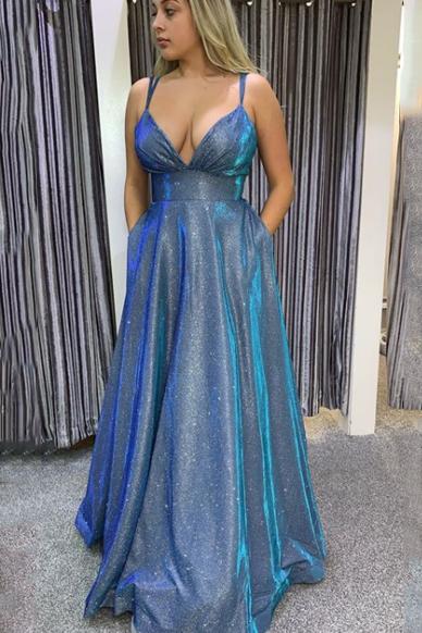 a-line blue formal dress sparkly long prom dresses with pockets dtp126