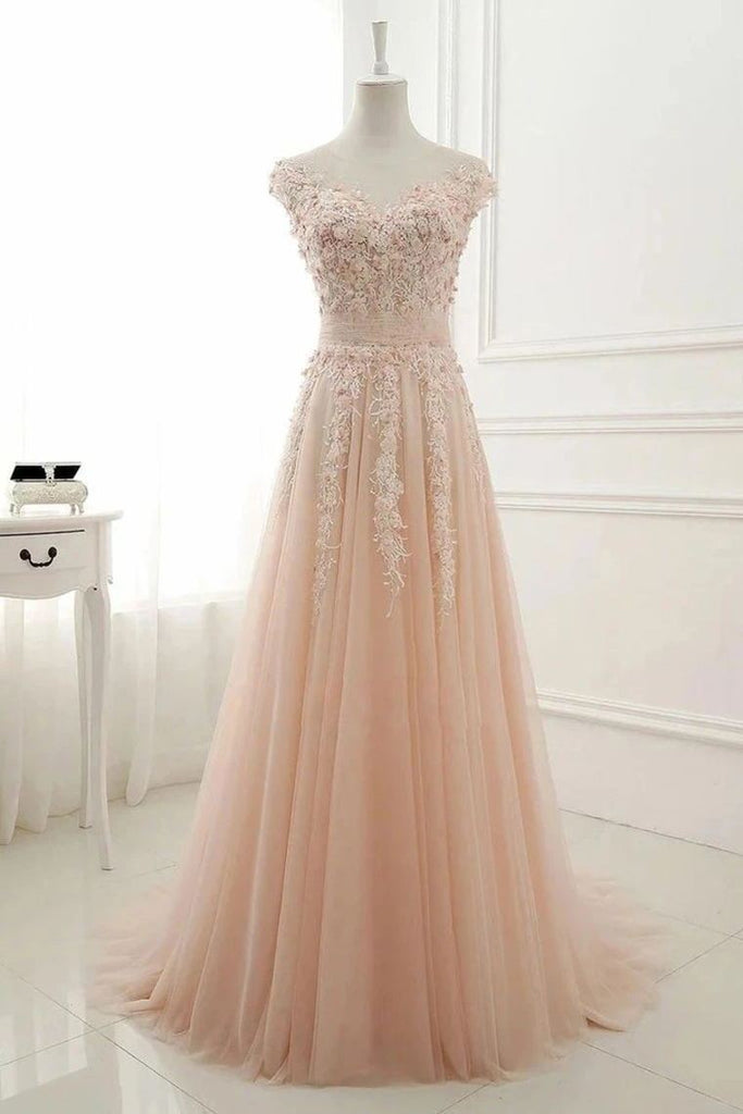 a-line sheer neck cap sleeves tulle prom dresses with appliques dtp32