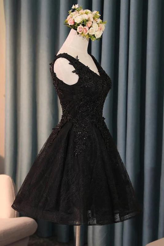 a-line v-neck little black homecoming dresses with lace up dth162