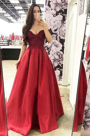 off-shoulder evening dress burgundy lace bodice satin long prom dress dtp26