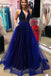 organza a-line beading v-neck royal blue prom dress with pockets dtp298