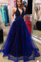 Organza A-Line Beading V-Neck Royal Blue Prom Dress with Pockets