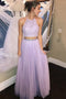 Halter Backless Lilac Two Piece Prom Dress with Beading