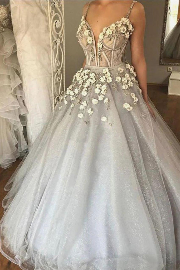 sparkly dusty silver 3d floral ball gown long wedding dress dtw143