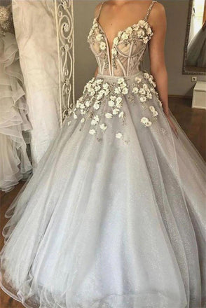 sparkly dusty silver 3d floral ball gown long wedding dress dtw143