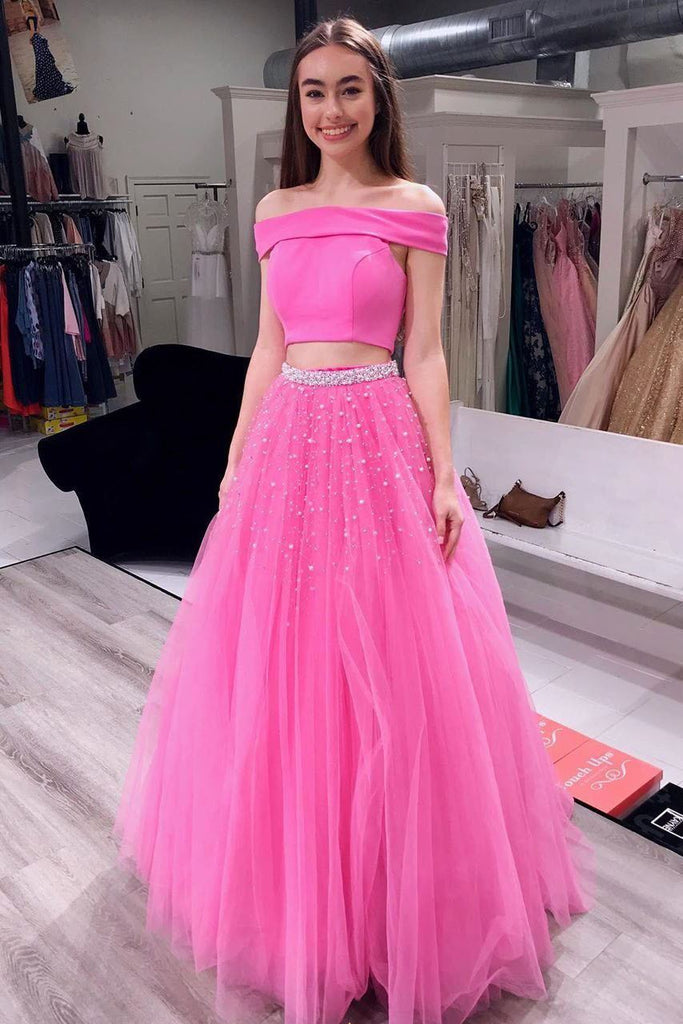 off shoulder two piece tulle pink teens prom dresses with beaded dtp561