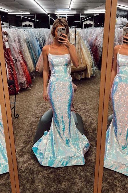 spaghetti straps long evening dress sparkle mermaid prom dresses dtp50