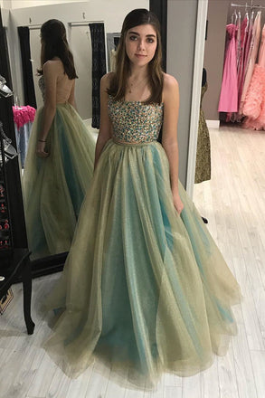 strapless beading long prom dress tulle spaghetti backless formal gown dtp114