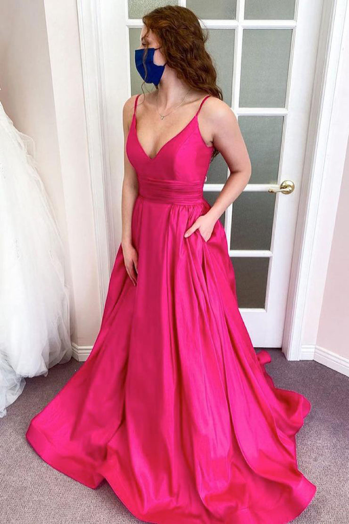 A Line Pink Sleeveless V Neck Satin Long Prom Formal Evening Dresses